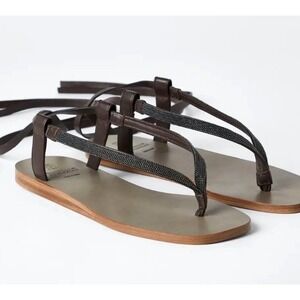 MSRP $850 NIB Brunello Cucinelli Monili Beaded Leather Ankle Tie Sandals 35 US5